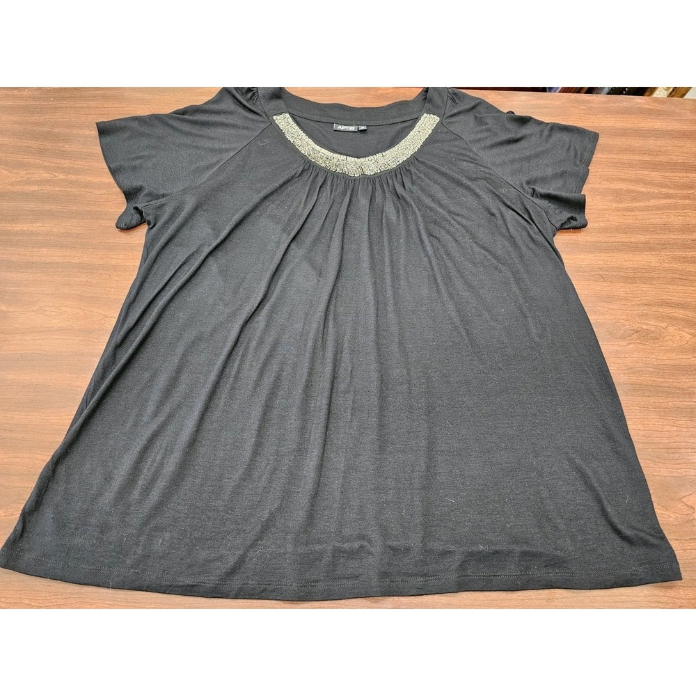APT. 9 Womens 2x Black Beaded Neckline Short Sleeve Flowy Top Blouse Rayon